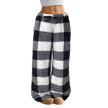 Women's Plush Plaid Wide-Leg Pants