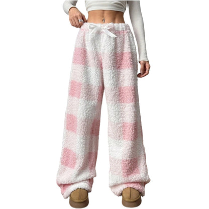 Women's Plush Plaid Wide-Leg Pants