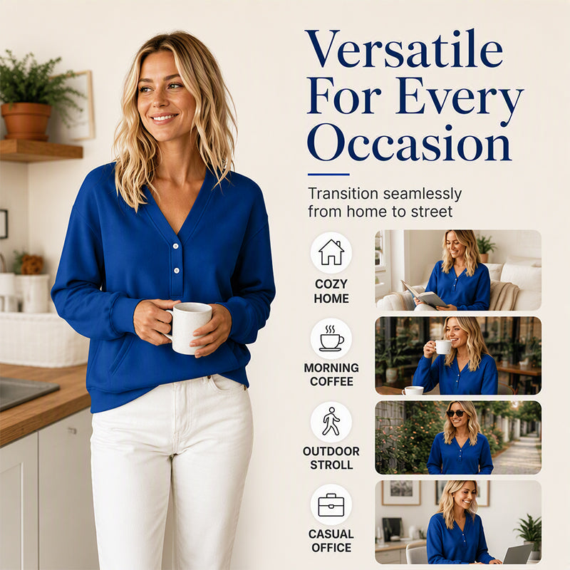 Women's Casual V-Neck Button Sweatshirt