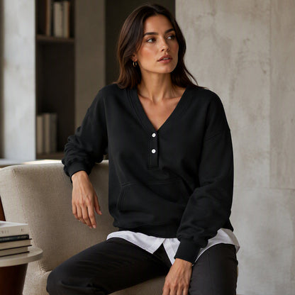 Women's Casual V-Neck Button Sweatshirt
