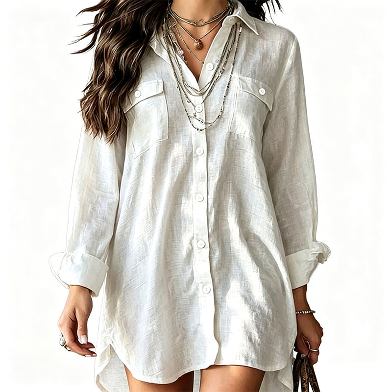 Women's Cotton Linen Long Sleeve Shirt Dress