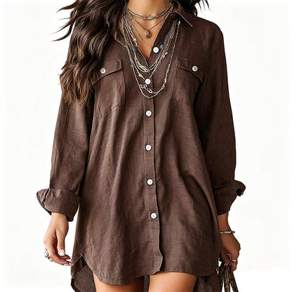 Women's Cotton Linen Long Sleeve Shirt Dress