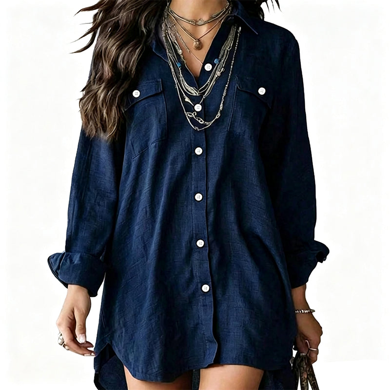Women's Cotton Linen Long Sleeve Shirt Dress