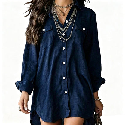 Women's Cotton Linen Long Sleeve Shirt Dress
