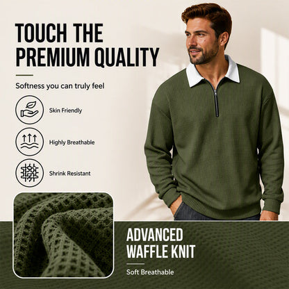 Men's Waffle Knit Half-Zip Collared Sweatshirt