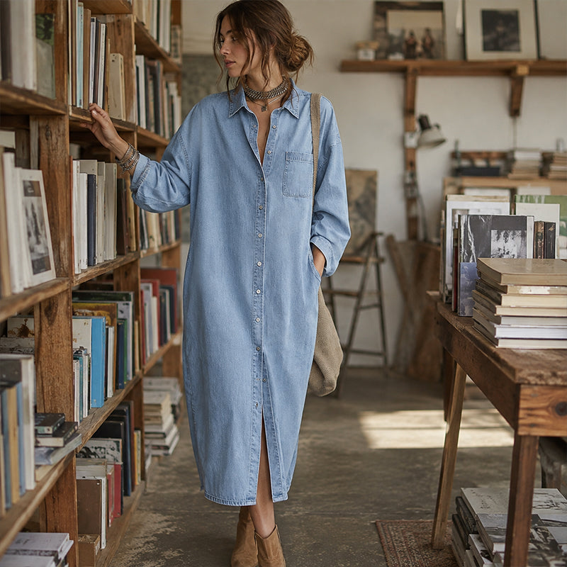 Women's Casual Loose Denim Shirt Dress