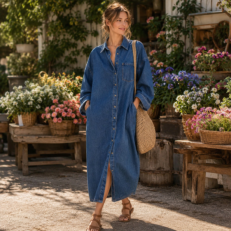 Women's Casual Loose Denim Shirt Dress