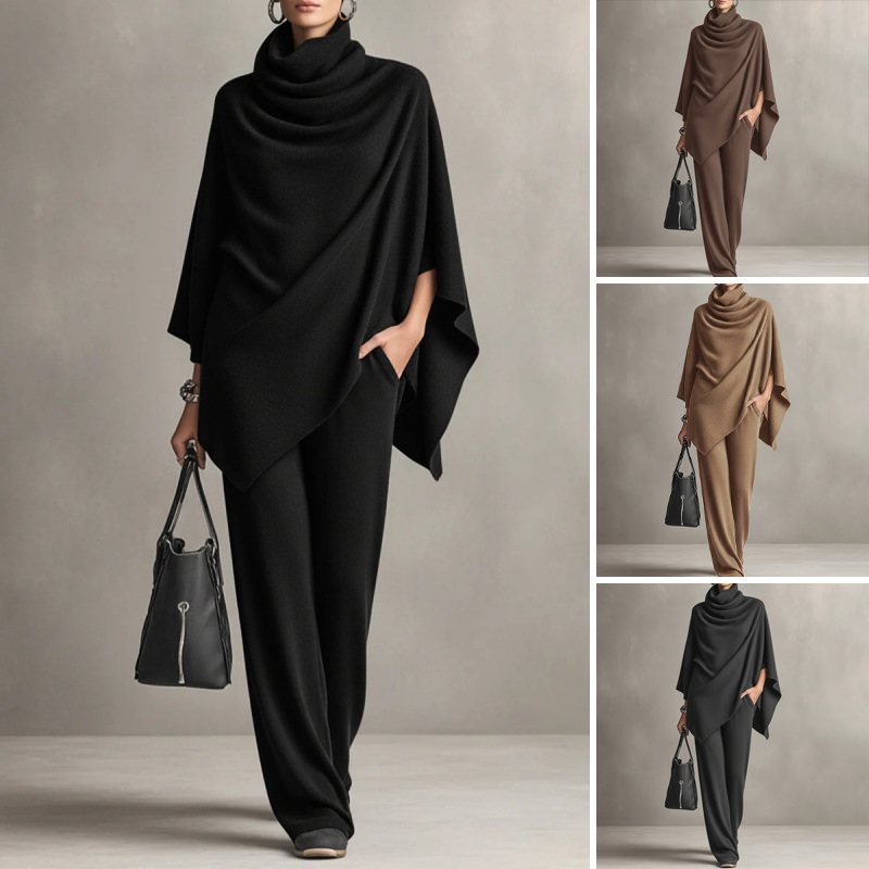 Women's Cowl Neck Cape & Wide-Leg Pants Set
