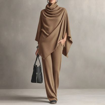 Women's Cowl Neck Cape & Wide-Leg Pants Set