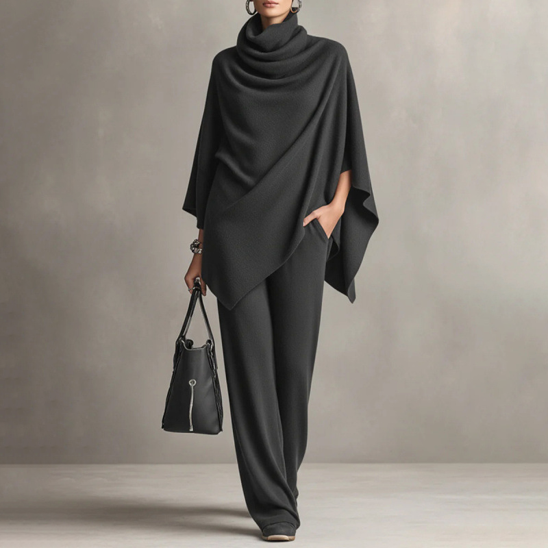 Women's Cowl Neck Cape & Wide-Leg Pants Set