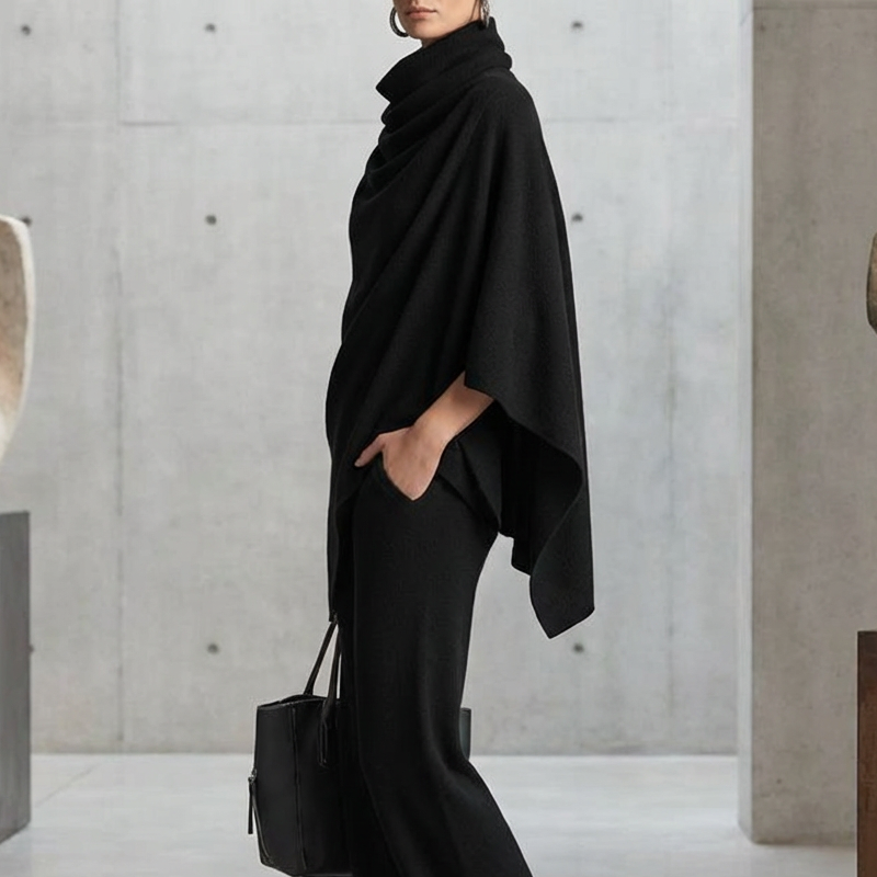 Women's Cowl Neck Cape & Wide-Leg Pants Set