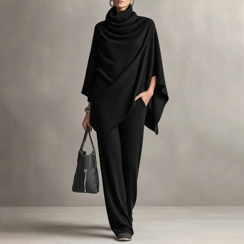 Women's Cowl Neck Cape & Wide-Leg Pants Set