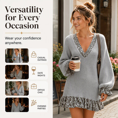 Women's Lantern Sleeve V Neck Knit Dress