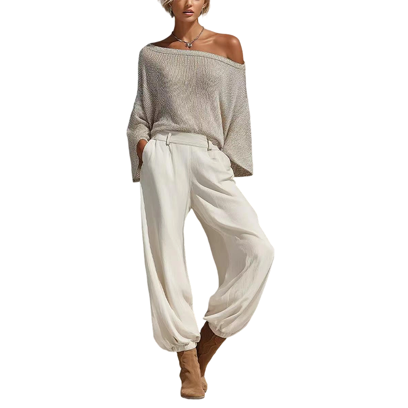 Women's Off-Shoulder Knit Top & Casual Pants Set