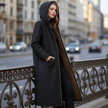 Women’s Vintage Fuzzy-Lined Long Coat With Hood