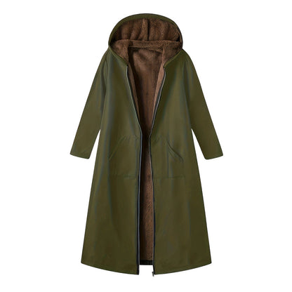 Women’s Vintage Fuzzy-Lined Long Coat With Hood