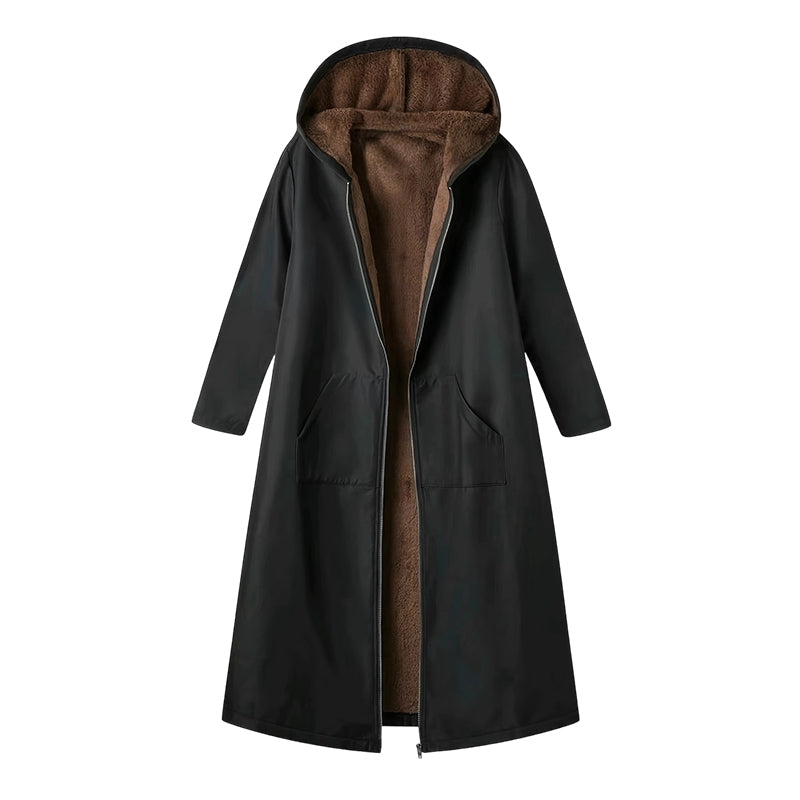 Women’s Vintage Fuzzy-Lined Long Coat With Hood