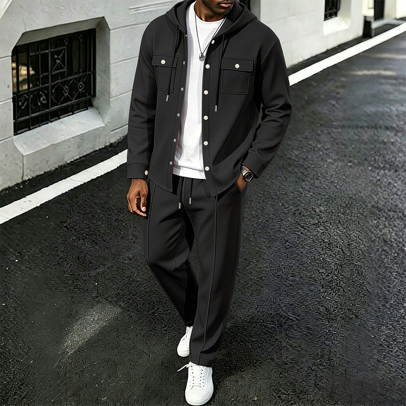 Men's Casual Waffle Hooded Jacket & Pants Set