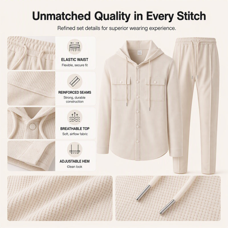 Men's Casual Waffle Hooded Jacket & Pants Set