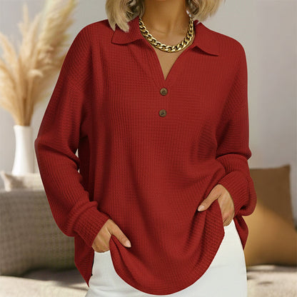 Women's V-Neck Waffle Knit Long Sleeve Top
