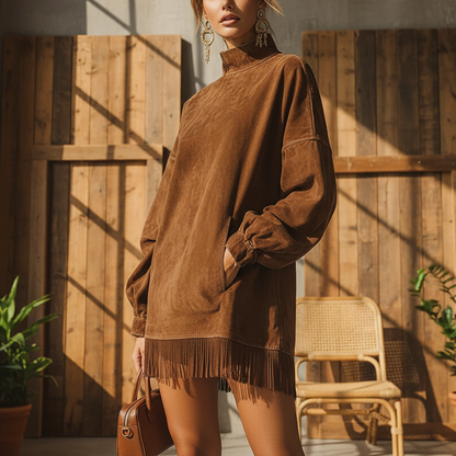 Casual Turtleneck Pocket Dress with Tassel Hem