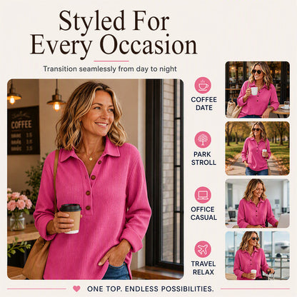 Women's Waffle Knit Long Sleeve Henley Top