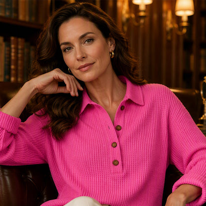 Women's Waffle Knit Long Sleeve Henley Top