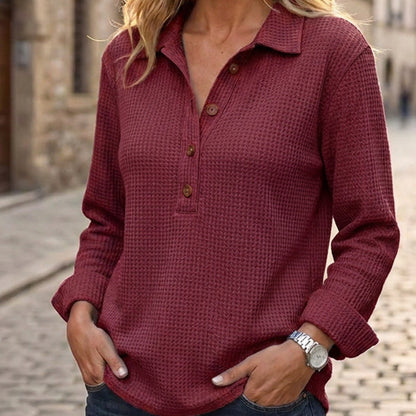 Women's Waffle Knit Long Sleeve Henley Top