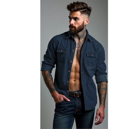 Men's Denim Long Sleeve Shirt Casual Button Down Cardigan