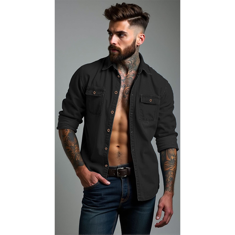 Men's Denim Long Sleeve Shirt Casual Button Down Cardigan
