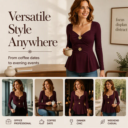 Women's V-Neck Peplum Top with Flower Accents