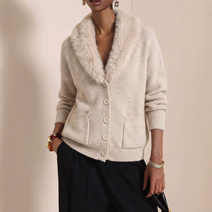 Women's Furry Collar Knit Cardigan
