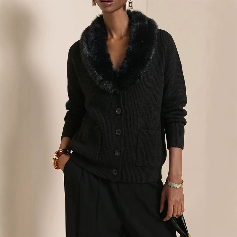 Women's Furry Collar Knit Cardigan