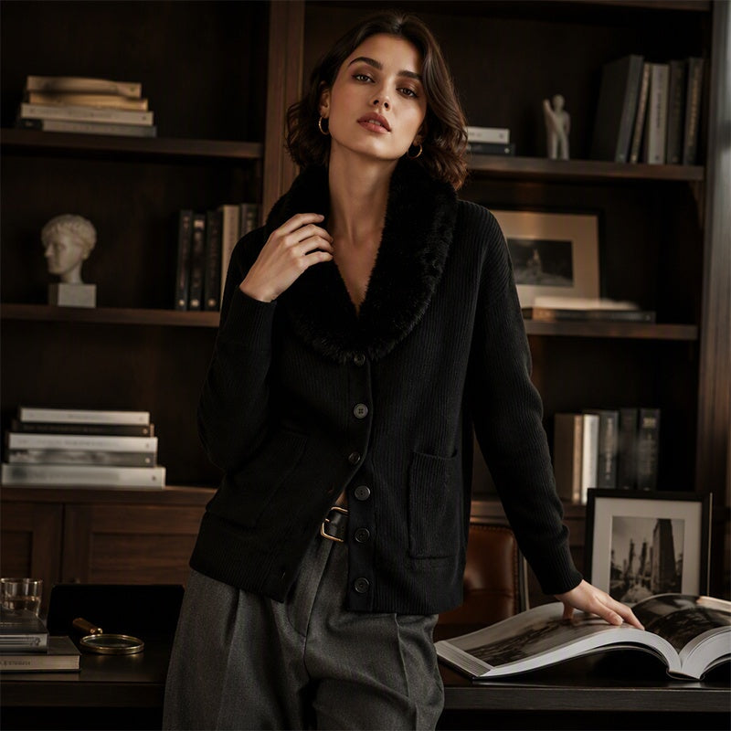 Women's Furry Collar Knit Cardigan