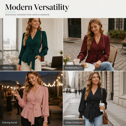 Women’s Elegant V Neck Tie Waist Blouse