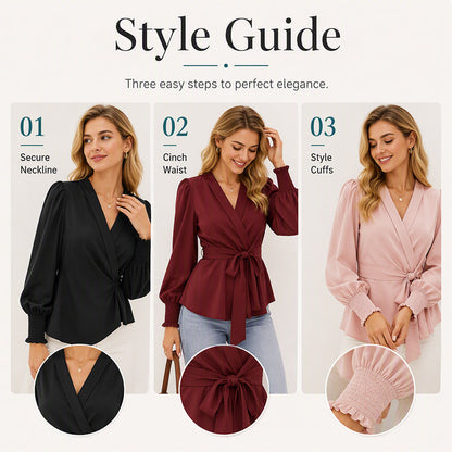 Women’s Elegant V Neck Tie Waist Blouse