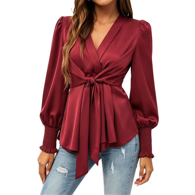 Women’s Elegant V Neck Tie Waist Blouse