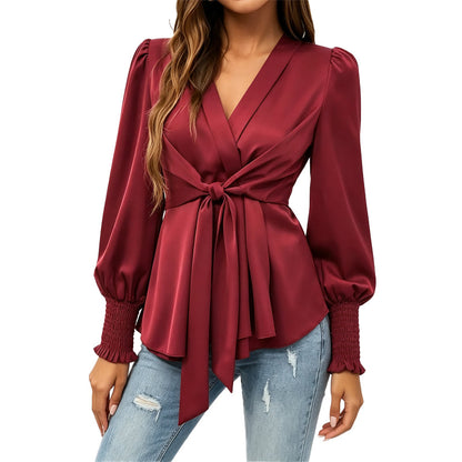 Women’s Elegant V Neck Tie Waist Blouse