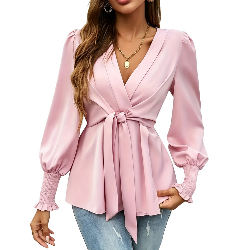 Women’s Elegant V Neck Tie Waist Blouse