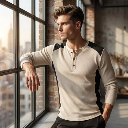 Men's Color Block Waffle Knit Henley Shirt