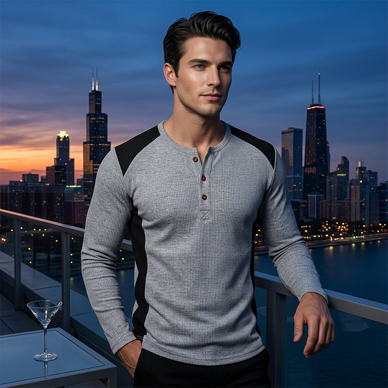 Men's Color Block Waffle Knit Henley Shirt