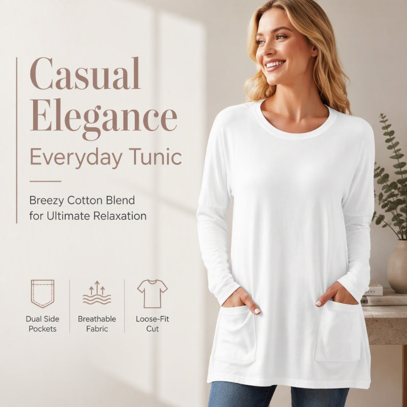Women's Casual Long Sleeve T-Shirt with Round Neck Pocket