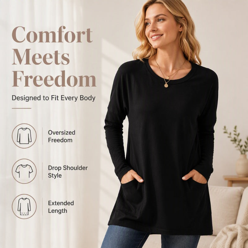 Women's Casual Long Sleeve T-Shirt with Round Neck Pocket