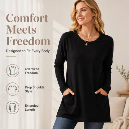 Women's Casual Long Sleeve T-Shirt with Round Neck Pocket