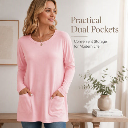 Women's Casual Long Sleeve T-Shirt with Round Neck Pocket