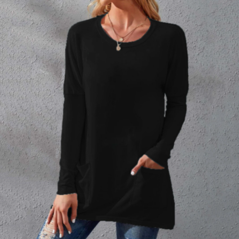 Women's Casual Long Sleeve T-Shirt with Round Neck Pocket