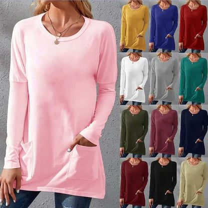Women's Casual Long Sleeve T-Shirt with Round Neck Pocket