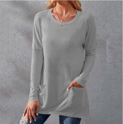 Women's Casual Long Sleeve T-Shirt with Round Neck Pocket