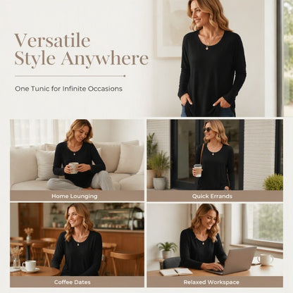 Women's Casual Long Sleeve T-Shirt with Round Neck Pocket