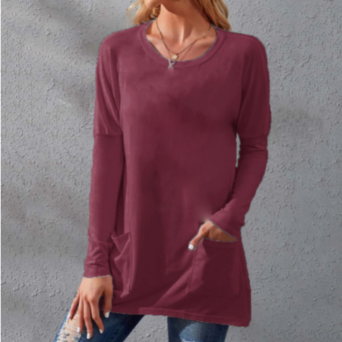 Women's Casual Long Sleeve T-Shirt with Round Neck Pocket